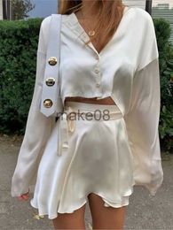 Women's Two Piece Pants White Elegant Satin shirt Set Women Lantern Long Sleeves Crop Tops two pieces sets Sexy High Waist Mini shorts suit 2023 J230816