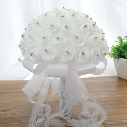 Decorative Flowers Perfectlifeoh Wedding Bride Hand Bouquet Pearl White Rose Bridesmaid Foam Bridal Ribbon