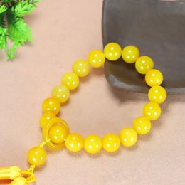 Strand 14mm Natural Yellow Jade Bracelet Men Women Fine Jewelry Genuine Myanmar Jadeite Bead Tassel Buddhist Rosary Bracelets Bangle
