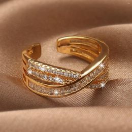 Cluster Rings Luxury Cross Zircon Inlaid Open Ring - Real Gold Plated High Quality Non-allergic Female Wedding Daily Jewellery