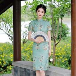 Ethnic Clothing 2023 Beige Green Plus Size Cheongsam Stand Collar Women Floral Printing Dress Slim Chinese Style Vintage Qipao M To 4XL