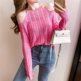 Women's Sweaters Ladies Fashion Tops 2023 Women Chain Hollowed Out See-through White Off Shoulder Sweater Girls Casual Female Cute Pullover