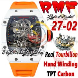 RMF 27-02 Mens Watch Real Tourbillon Mechanical Hand Winding TPT Quartz Carbon Fibre Case Skeleton Dial Orange Rubber Strap 2023 Super Edition Sport eternity Watches