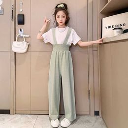 Clothing Sets 6-16Y Children Sets Girls Summer Short Sleeve Shirt+overalls Pants 2pcs Suits Solid Regulai Fit Kids