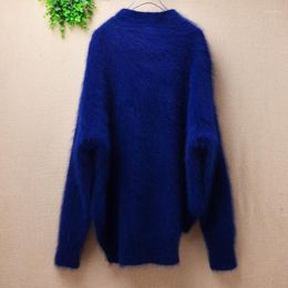 Women's Sweaters Ladies Women Fashion Blue Medium Long Mink Cashmere Slash Neck Loose Lazy Oaf Pullover Angora Raabit Fur Knitted Winter