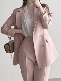 Women's Two Piece Pants Sets Women Outifits 2023 Autumn Fashion Solid Long Sleeve Double Breasted Blazer Coat High Waisted Pant Suits