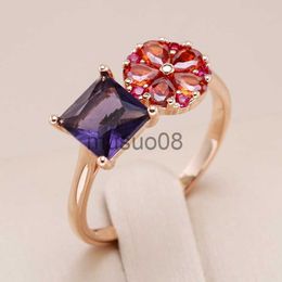 Band Rings Kinel Hot Square Purple Natural Zircon Ring For Women 585 Rose Gold Colour Flower Jewellery Fine Daily Accessories J230817