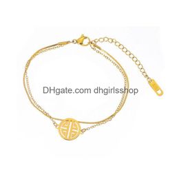 Anklets Gold Stainless Steel Anklet Bracelet For Women Lucky Transfer Round Card Double Layer Summer Foot Chain Beach Leg Jewellery Drop Dhi2J