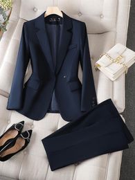 Women's Two Piece Pants Navy Grey Black Women Pant Suit Formal Office Ladies Business Work Wear Blazer Jacket And Trouser Female 2 Set