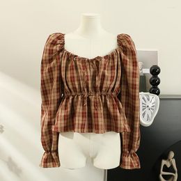 Women's Blouses Korean Fashion Woman Blouse Vintage Plaid Square Collar Long Sleeve Shirt Autumn Pleated Waist Puffed Crop Tops