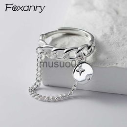 Band Rings Foxanry Silver Color Hollow Geometric Chain Ring For Women Couples New Fashion Personality Creative Round Pendant Jewelry Gifts J230817