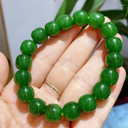 Strand Natural Green Jade Bracelet Men Women Fine Jewellery Genuine Chinese Nephrite Hetian Jades Barrel Beads Bracelets Jasper Bangles