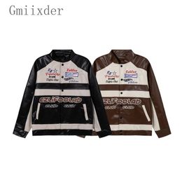 Men's Jackets American Street Racing Jacket Letter Embroidery Spliced PU Leather Motorcycle Bomber Loose Bf Versatile Button Coat 230816