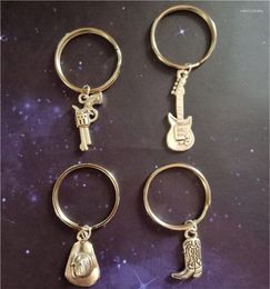 Keychains 4pcs/lot Handmade Ceative Keychain Keyring Guitar Key Chain Ring Western Jewelry Cowboy Boot Gift Hat