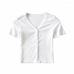Women's Knits Summer Cardigan Women Wavy Edge Trim Crop Top With Short Sleeve V Neck Casual Knitted Sweater Tops Female Clothes