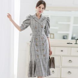 Casual Dresses 2023 Autumn OL Women Double-Breasted Notched Plaid Dress Female Fashion Belt Puff Sleeve Ruffled Fishtail Vestidos