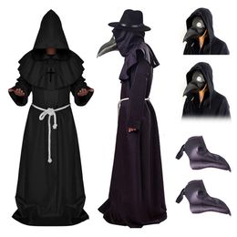 Halloween Mediaeval Hooded Robe Plague Doctor Costume Mask Hat for Men Monk Cosplay Steampunk Priest Horror Wizard Cloak Cape