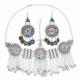 Vintage Ethnic Long Chains Bells Headdress Coin Earrings Colourful Acrylic Beads Headpiece Gypsy Tribal Afghan Dress Jewellery Set x0817