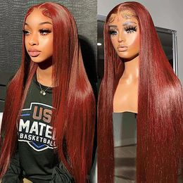 Reddish Brown Lace Front Human Hair Pre Plucked Dark Red Brown Brazilian Bone Straight 13x4 HD Lace frontal Wig On Sale