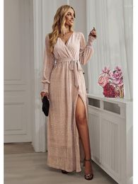 Casual Dresses Women's Dress 2023 Autumn Winter Long Formal Party With Waist Belt Design Sexy V-neck Split Sequined