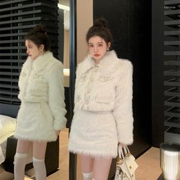 Women's Fur Small Fragrant Christmas Suit Korean Thickened Coat Mini Skirt Set Luxury Fashion Collar Two-piece