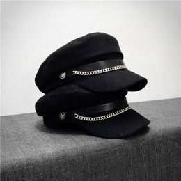 Berets Utumn Winter Chain Black Military Berets For Women Female Flat Army Cap Salior Hat Girl Travel Berets Ladies Painters Cap 230816