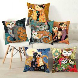 Pillow Case Oil Painting Cat Cushion Cover Art Gustav Klimt Gold Pattern Soft Luxury Case Living Room Decoration 40*40cm 45*45cm HKD230817