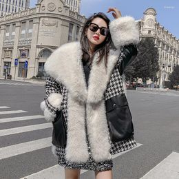 Women's Fur Winter Clothing Overcoat Toka Wool Imitation Heavy Industry Sequins Houndstooth Splicing Leather Jacket Women Coat