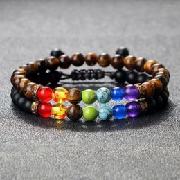 Strand One Set 7 Chakra Beaded Bangles For Men Women Natural Black Matte Tiger Eye Stone Elastic Bracelets Meditation Yoga Jewellery Gift