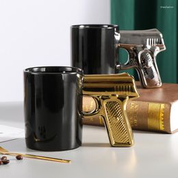 Mugs Fashion Creative Gold Silver Pistol Modelling Ceramic Cup 3D Gun Handle Coffee With Spoons Milk Tea Boys Gift