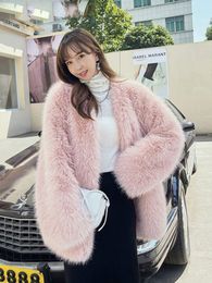 Winter Faux Fur Pink Jacket for Women Elegant Loose V Neck Mid Long Side Slit Faux Fur Coat Female Fur Jackets Tops