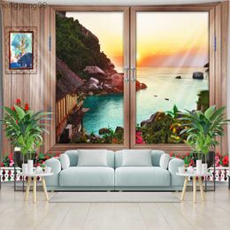 Tapestries Simulation Window Tapestry Forest Home Decor Mushroom Tapestry Landscape Wall Hanging Flower Kawaii Bohemian Wall Painting Art R230817
