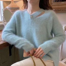 Women's Sweaters White V-Neck Sweater Female 2023 Winter Pink Loose And Lazy Knit Top Green Beading Cashmere Simple Solid 2215