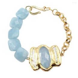 Strand GuaiGuai Jewelry Square Aquamarine Jades Cultured White Pearl Biwa Chain Bracelet Handmade For Lady