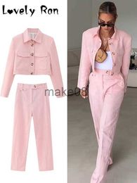 Women's Two Piece Pants Pink Cropped Blazer Jacket Long Pant Sets For Women Summer Pocket Suit Straight Pants Baddie Two Pieces Sets Female Chic Outfits J230816