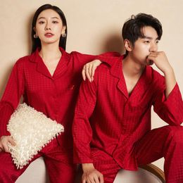 Women's Sleepwear Pijamas Women Long Sleeve Couple Red Button Down Pajamas Houndstooth Loungewear Wedding Nightwear Men Casual Home Suit