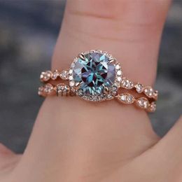 Band Rings Huitan Luxury Trendy Ring Set for Women Round Blue Cubic Zirconia Chic Engagement Wedding Double Rings Fashion Female Jewelry J230817