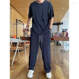 Men's Tracksuits Trendy Elastic Silk Smooth And Draped Louvre Thin Breathable Loose Casual Suit In Summer Clothes For Men Clothing