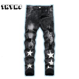 Men's Jeans High Street American Star Print Jeans Men's Black Loose Hip-hop Harajuku Skinny Sport Pants Casual Trend Straight Long Pants Men 230817