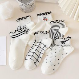 Women Socks 5 Pairs/set Ruffles Lace Ankle Spring Flower Summer Thin Polyester Casual Cute Boat Short Female Black