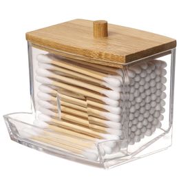 Cotton Swab Pad Holder, Cotton Swab Ball Dispenser, Bathroom Container Jar Storage Box Storage Dispenser Bamboo Lid