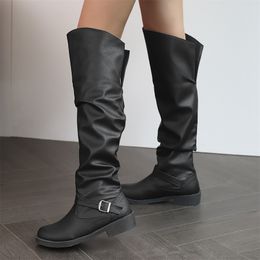 Dress Shoe Knee High Boots 2023 Casual Round Head Women Shoes Cross Strap Low Heel Motorcycle Plus Size 4048 Dropshopping 230816