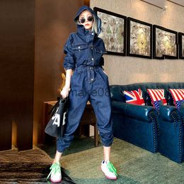 Women's Two Piece Pants Blue Women Hooded Denim Jumpsuits Fashion Loose Wide Leg Cargo Pants Pockets Ladies Black Playsuit Jump Suits Fall J230816