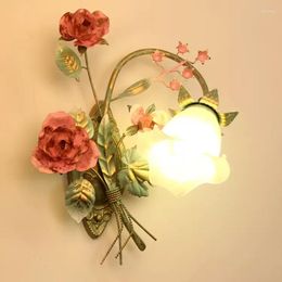 Wall Lamp Art Deco Red Rose Glass Light Indoor Garden Flower Lighting Sconce Living Room Bedroom Bedside Iron E27 LED Fixtures