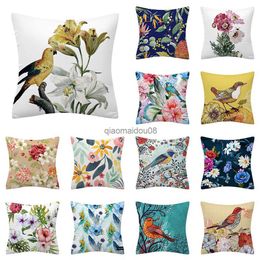 Pillow Case Colourful plant flower and bird print pattern polyester cushion cover for home living room sofa bedroom decorative case HKD230817