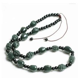 Pendant Necklaces Natural Green Jade Beaded Necklace Chinese Nephrite Hetian Jades Hand Carved Buddha Head Beads Adjustable Men Women