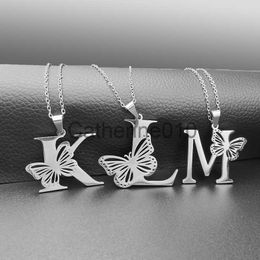Pendant Necklaces Dainty Big Hollow Butterfly Letters Necklace Personality Stainless Steel Silver Color Initial Pendant Collar Chain Women Jewelry J230817