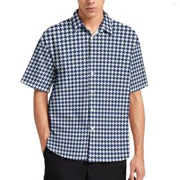 Men's Casual Shirts Houndstooth Beach Shirt Navy Blue White Hawaiian Men Y2K Blouses Short Sleeve Custom Clothing Big Size 3XL 4XL