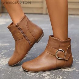 Boots Vintage Brown Flat Heels Ankle Boot Women 2023 Autumn Belt Buckle Pu Leather Cowboy Boots Woman Plus Size 42 Zip Botas De Mujer T230817