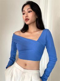 Women's T Shirts Habbris Fall Sexy Solid Asymmetric Shirt Club Outfit For Women 2023 Long Sleeve Inclined Collar Crop Top Female Tee